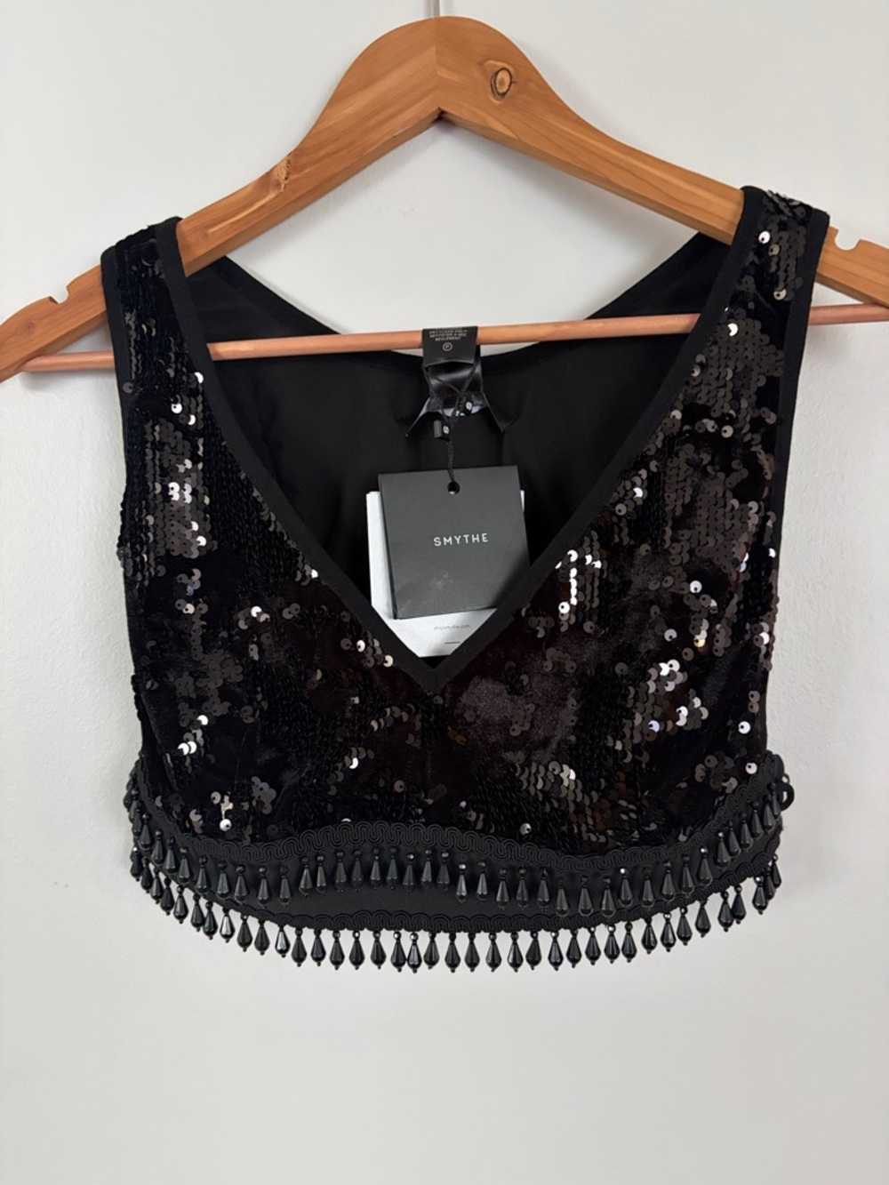 Smythe Black Sequined V-Neck Cropped Tank with Beaded Fringe